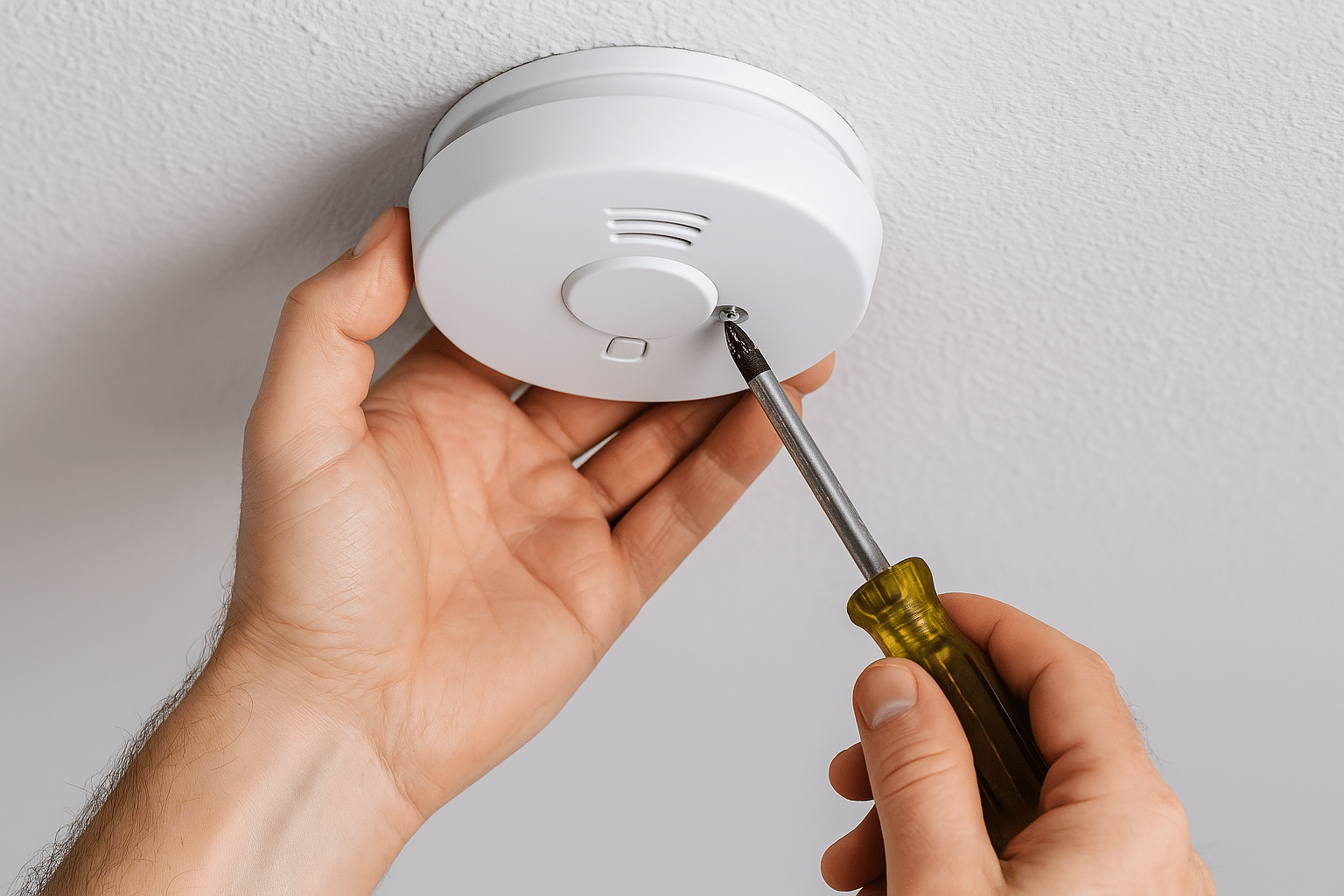 Alarm smoke detector installation on ceiling for fire safety