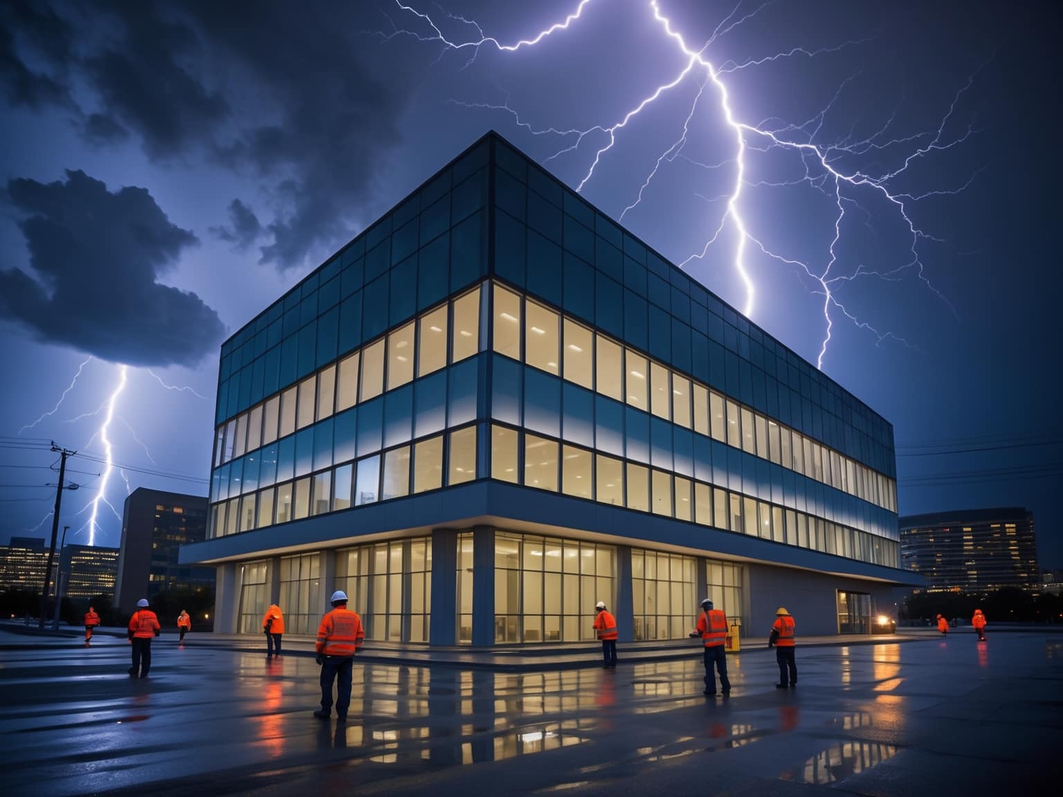 Certified electricians performing emergency electrical repair for commercial property in the GTA after a severe power surge incident, ensuring business continuity.