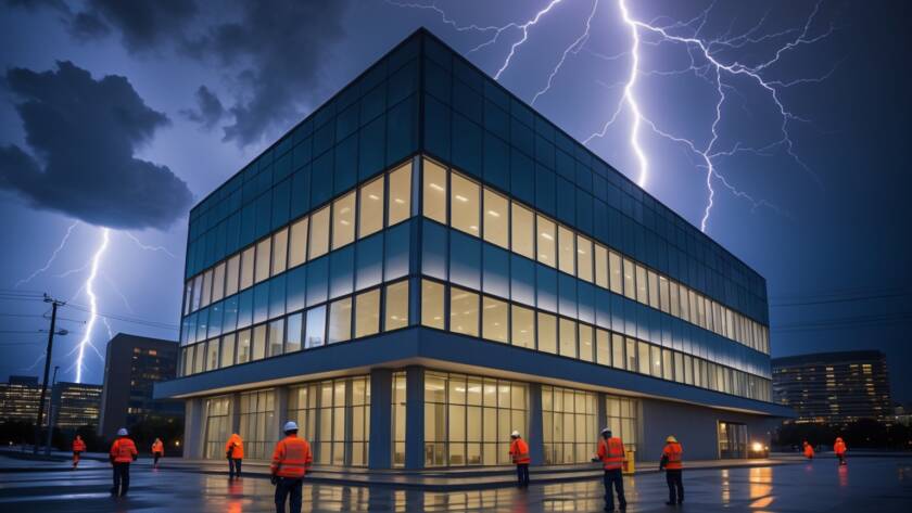 Certified electricians performing emergency electrical repair for commercial property in the GTA after a severe power surge incident, ensuring business continuity.